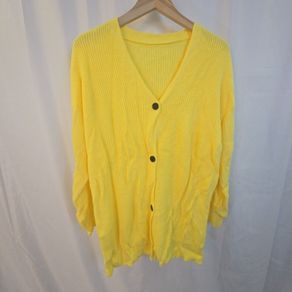 Sweater Cardigan Womens 1X Yellow V Neck Button Long Sleeve Knit Plus Size